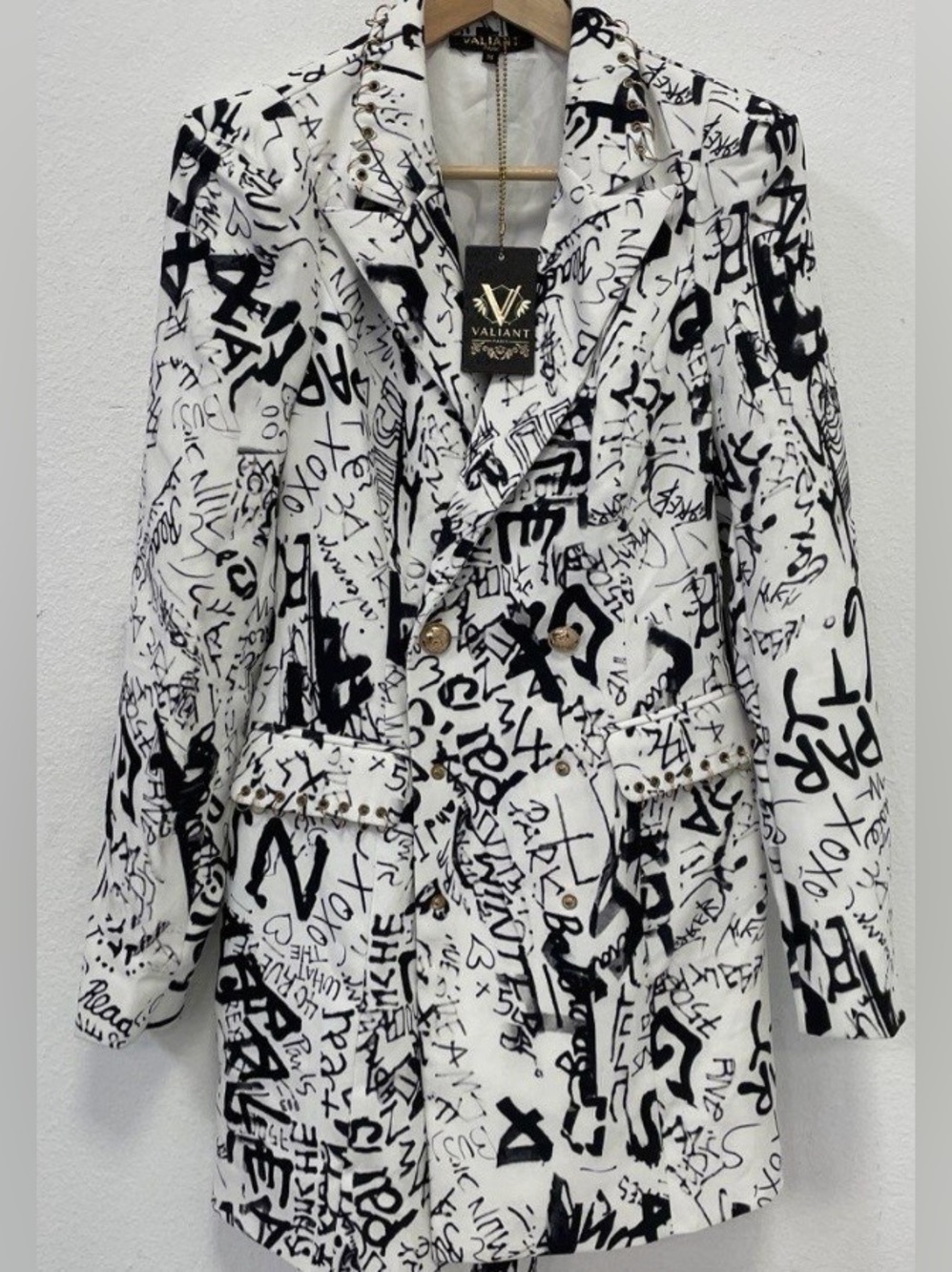 Valiant NWT Unique Black & White Graffiti Double-Breasted Jacket or light Coat